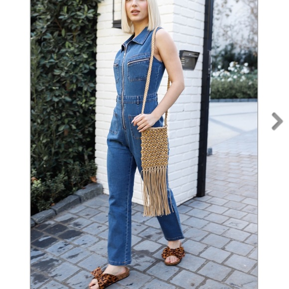 One Left ☝️NEW Retro Denim Sleeveless Collared Front Zip Up Overall - Picture 5 of 8